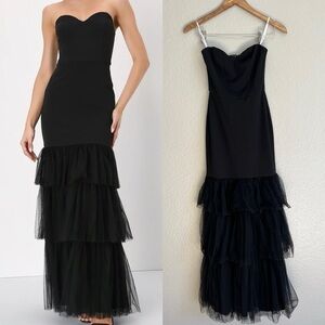 Dramatic Fanatic Black Strapless Tulle Trumpet Maxi Dress